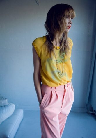 dámská žlutá halenka a růžové kalhoty LEW