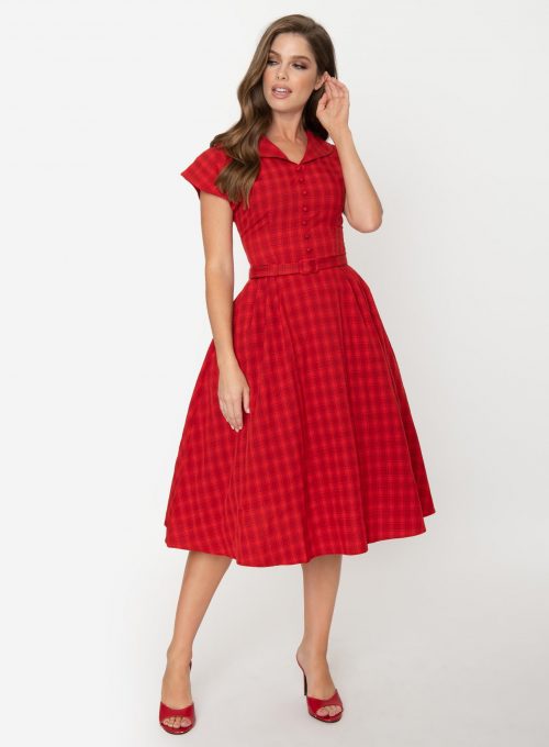 Collectif 1950s Style Red Plaid Cap Sleeve Dinah Swing Dress