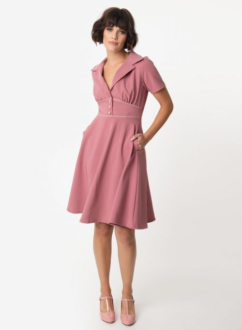Steady 1940s Style Mulberry Pink Katherine Swing Dress