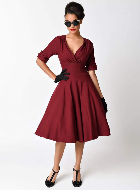 Unique Vintage 1950s Burgundy Red Delores Swing Dress with Sleeves