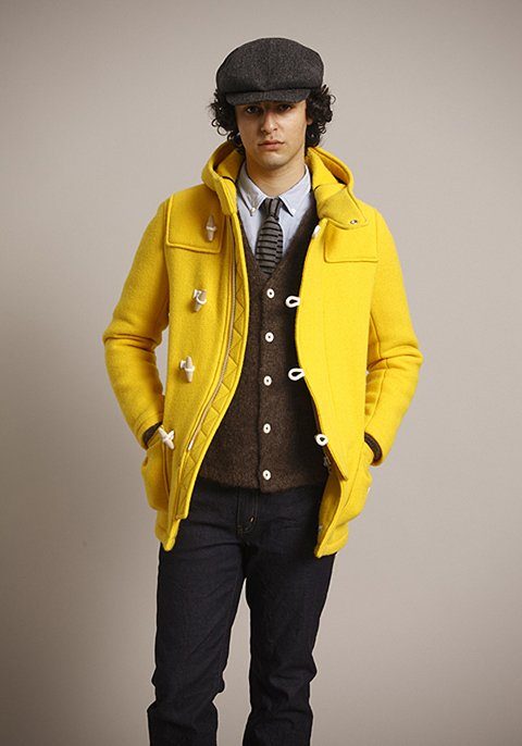 pánská bekovka, žlutý kabát, hnědá vesta, kravata a tmavě modré kalhoty Bedwin & The Heartbreakers