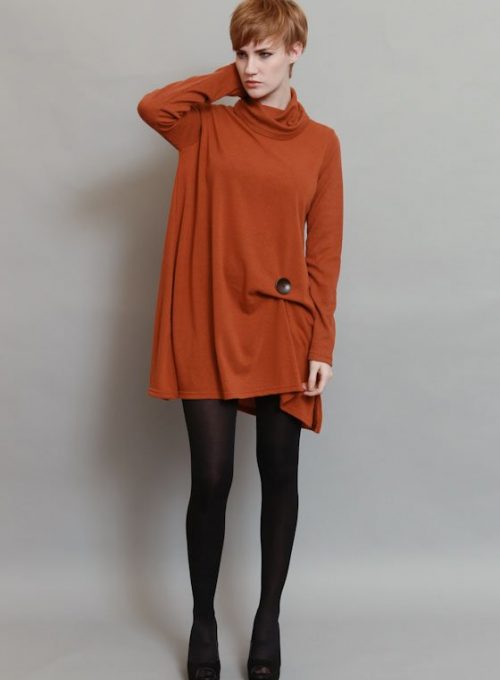 dámské oranžové volné šaty:tunika s knoflíkem (£ 55)